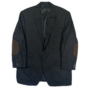 Lauren Ralph Lauren Blazer Men 44L Grey Navy Wool Sport Coat Elbow Patch Plaid